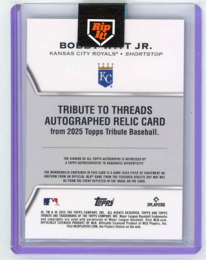 2025 Topps Tribute Bobby Witt Jr Patch Autograph/99